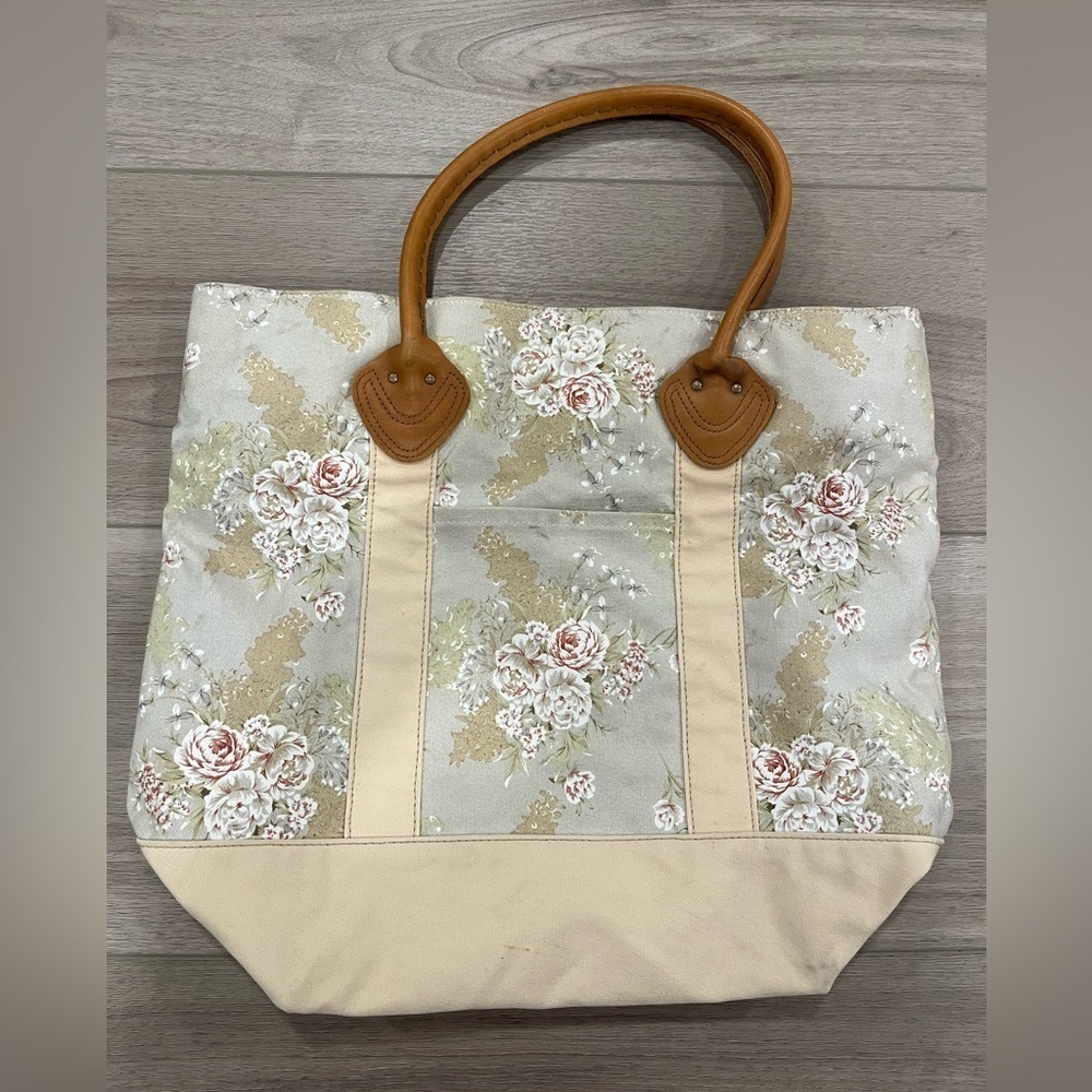 L.L. Bean Cream Floral Tote Bag Brown Handles
